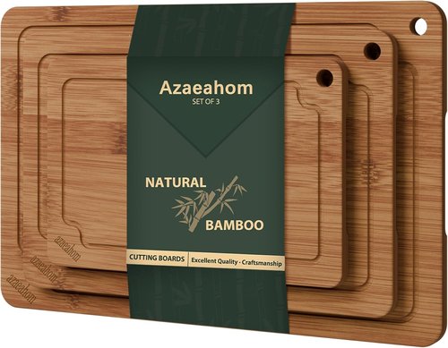 Bamboo Cutting Boards - Set of 3 with Juice Grooves & Built-in Handles | Ideal for Meat, Vegetables, Fruits