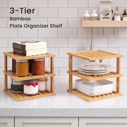 Danfoxer 2 Pack Bamboo Corner Shelf,3 Tier Kitchen Cabinet Organizer for Plates and Dishes,Pantry Storage and Spice Rack（Natural）