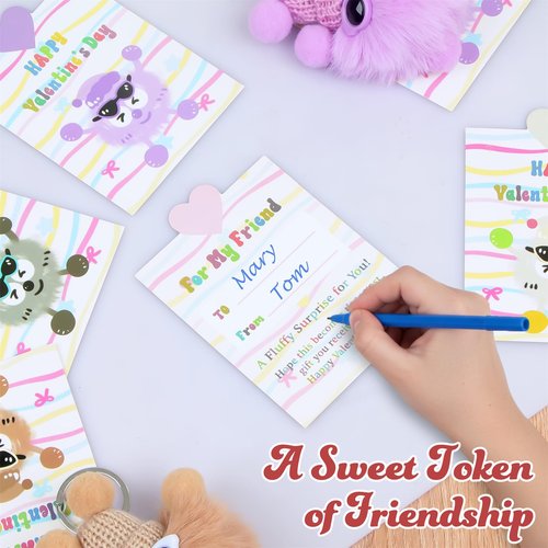 Fopxuni Valentines Day Cards and Gifts for Kids School 24 Pack Cartoon Plush Keychain Set Classroom Exchange for Students with Stuffed Toys