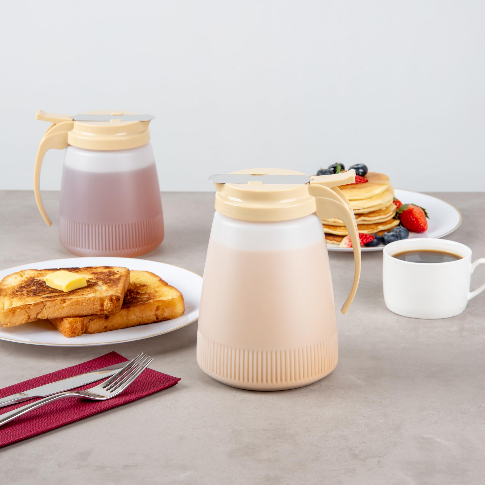 Restaurantware-Chef 101 48 Ounce All Purpose Syrup Dispensers, 10 Honey Dispensers - Beige Top, Stainless Steel Slide Cover, Plastic Pancake Syrup Bottle, Perfect For Diners, Restaurants, Home