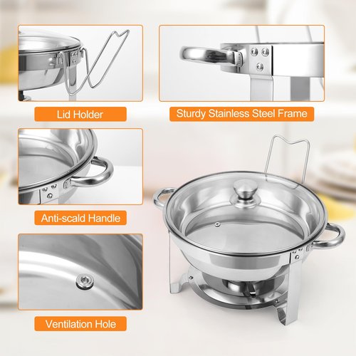GarveeHome Chafing Dish Buffet Set 4 Pack 5 QT, Stainless Steel Round Chafing Dishes for Buffet with Lid Holder & Glass Lid, Buffet Servers and Warmers for Parties, Wedding, Camping, Dinner, Silver
