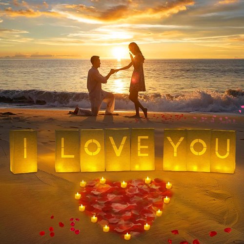 ARIKJ Valentines Day Decorations, Special Night Romantic Decorations - I Love You Light Up Letters Luminary Bags with Bright Flameless Tea Candles and Fake Rose Petals, Happy Anniversary