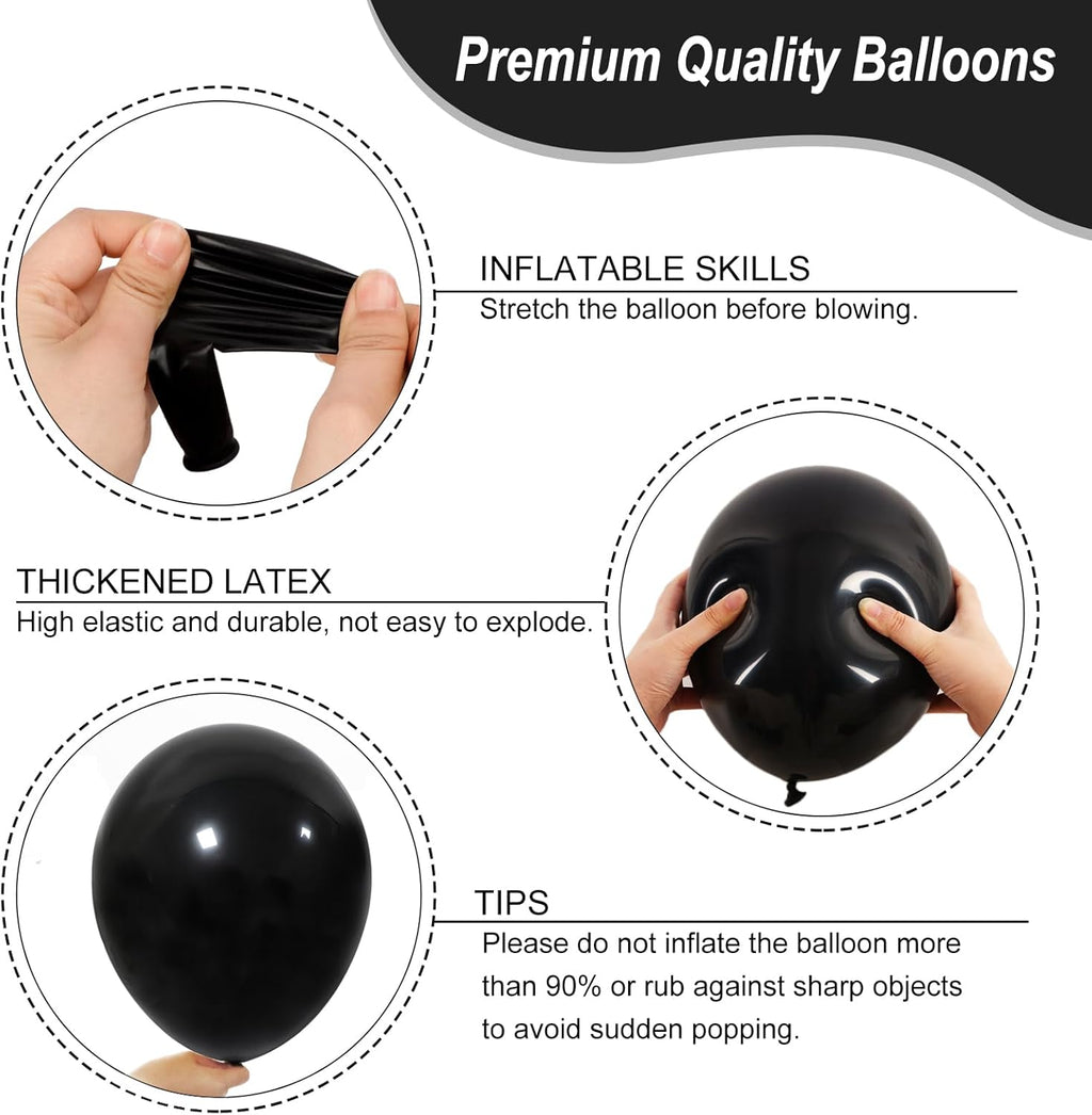 RUBFAC Black Latex Balloons - 135pcs in 5-18 Inch Sizes for Halloween, Birthday & Wedding Decor