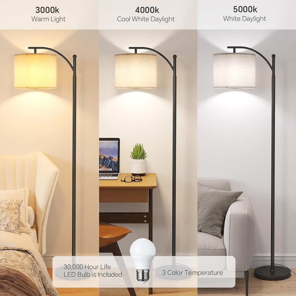 SUNMORY Arc Floor Lamp - Modern Design with 9W Adjustable 3-Color Bulb | Tall Metal Lamp for Living Room, Bedroom, Office (Black)
