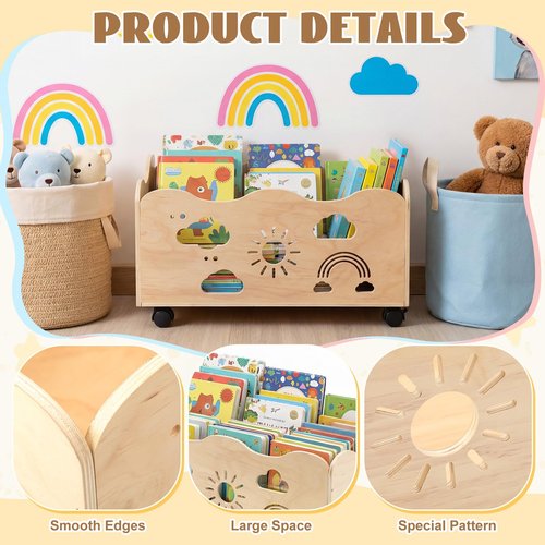 CroBlissful Kids Bookshelf with Wheels, 24" x 14.4" x 10.4" Scalloped Book Shelf for Kids Room Girls Boy Wooden Storage Trunk Mobile Wood Toy Box with Rainbow Pattern for Nursery, Classroom, Bedroom