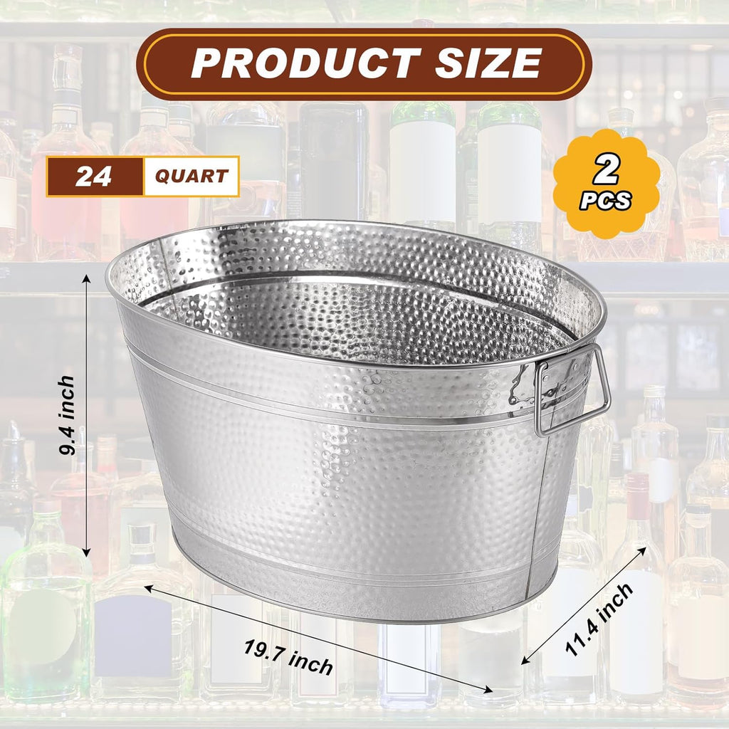Uiifan 2 Pcs 24 Quart 6 Gallon Hammered Stainless Steel Beverage Tub Heavy Duty Oval Metal Large Ice Bucket for Drinks Bucket Cooler Ice Container for Bar Wedding Parties Anniversary Wine (Silver)