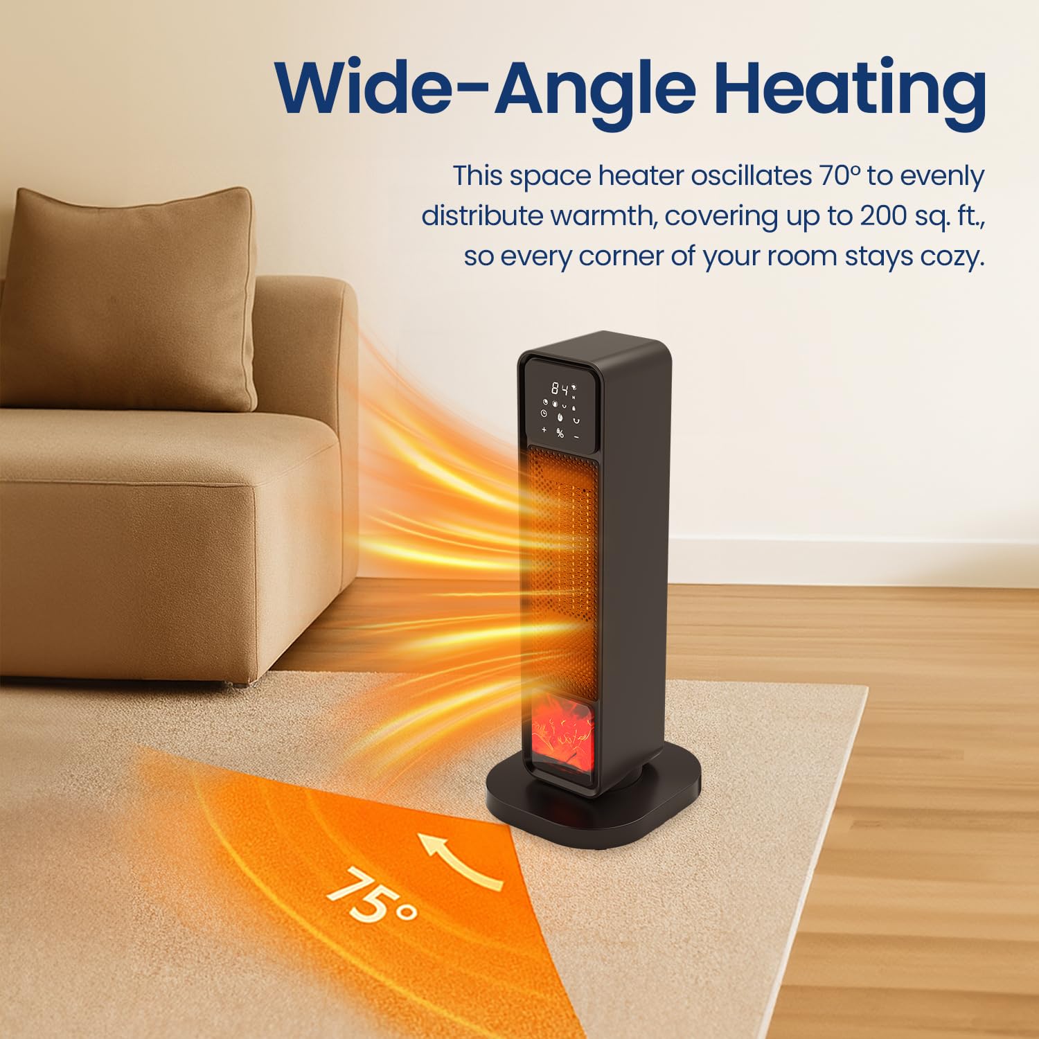 Space Heater Indoor, 1500W Electric Warm Air Blower with 3D Flame& 70° Oscillation Portable Indoor Ceramic Warmer for Bedroom & Office