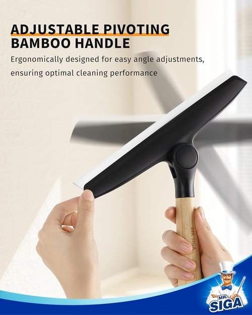MR.SIGA Silicone Shower Squeegee - Streak-Free Cleaning with Pivoting Bamboo Handle | 10-Inch Wide, Black