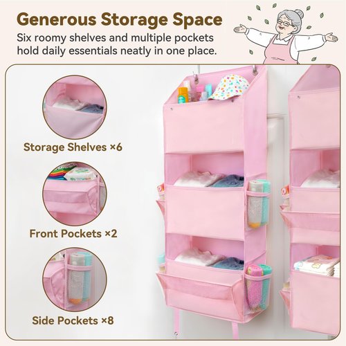 GRANNY SAYS Over The Door Organizer, 6-Shelf Detachable Behind The Door Storage with 8 Pockets, Waterproof Anti Tilt 40lb Large Capacity Hanging Shelf for Nursery, Bedroom, Kids Room, Pink