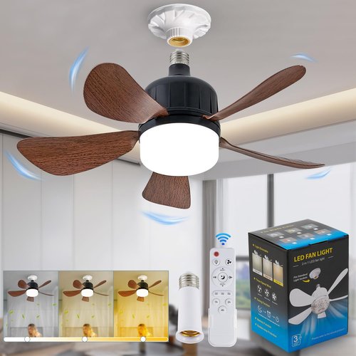 Dalouguan Socket Fan Light with Remote, 18" Wood Dimmable LED Small Ceiling Fans with Lights, 3 Colors 3000K-6500K Replacement Light Bulb Fan for Bedroom Kitchen Living Room Garage