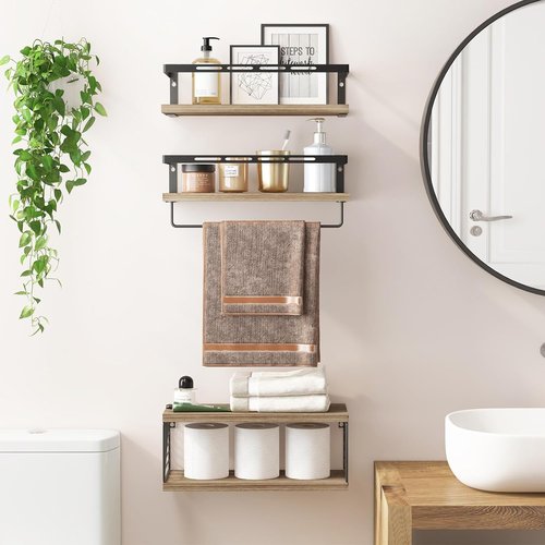 Fixwal Bathroom Shelves - Wall-Mounted Floating Shelves with Metal Frame & Towel Bar | Rustic Brown (3 Plus 1)