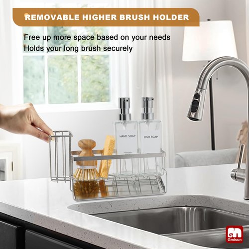 GMISUN Kitchen Soap Dispenser, 12 Fl oz/350ml Clear Dish Soap Dispenser with Silver Sponge Holder, Customized Glass Dish Soap Dispensers for Kitchen, Modern Hand and Dish Soap Dispensers Set Removable