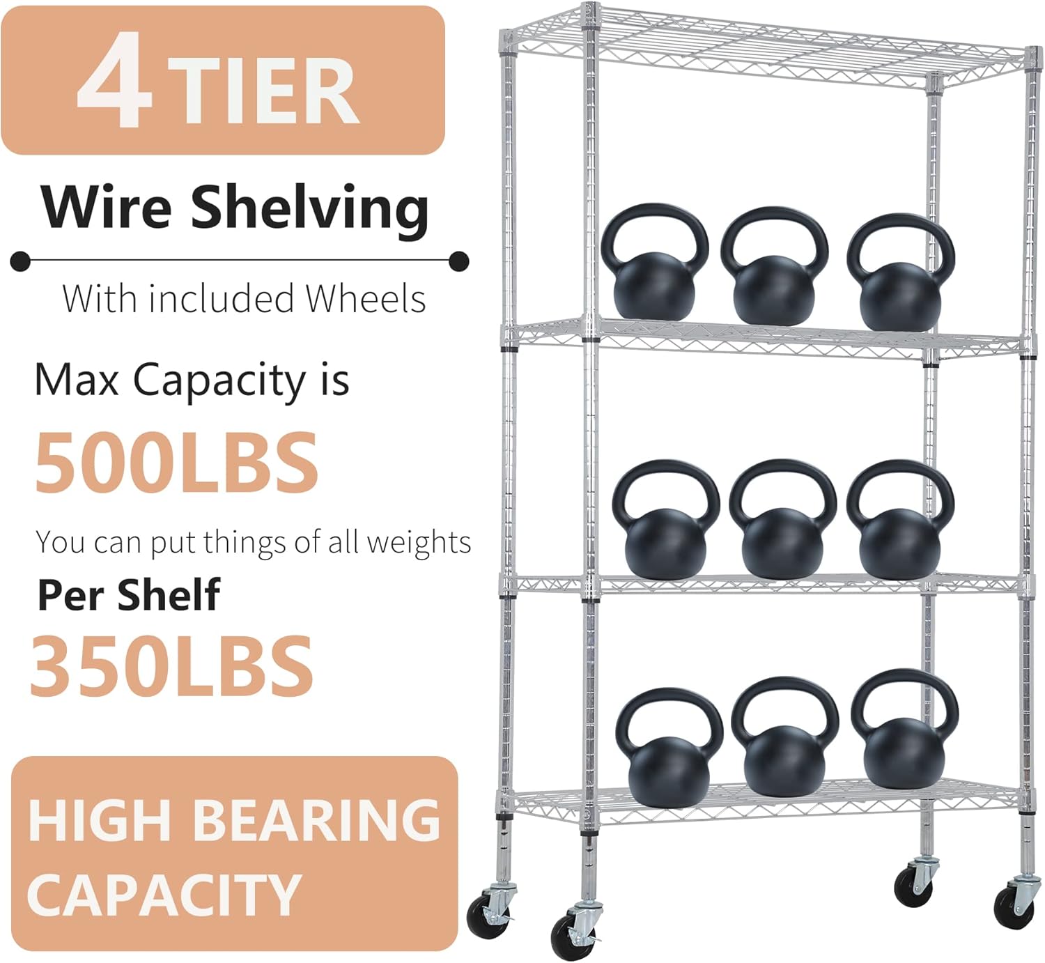 BestOffice 4-Tier Wire Storage Shelves - Heavy-Duty Metal Racks with Wheels | 36x14x62 | Chrome Finish | No-Tool Assembly for Home & Garage