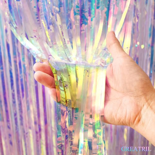 GREATRIL Iridescent Foil Fringe Curtains - 2 Pack with Pink Party Table Cloths - Perfect for Backdrop Decor