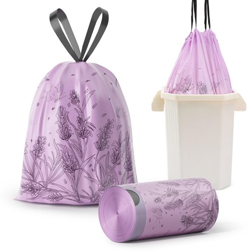 Trash bags, 4 Gallon Trash Bags Drawstring, Colorful & Portable Small Trash Bags with Lavender Printed, Tear-Resistant Garbage Bags 4 Gallon for Bathroom Office Trash Cans, 50 Count
