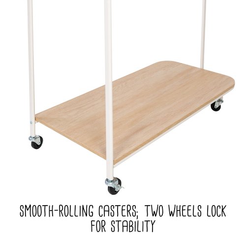 Honey-Can-Do Clothing Rack, Clothes Rack with Wood Shelf, Freestanding, Easy to Assemble Garment Rack, Standing Metal Sturdy, Small Space Storage Solution, with Shoe Storage and Wheels, White
