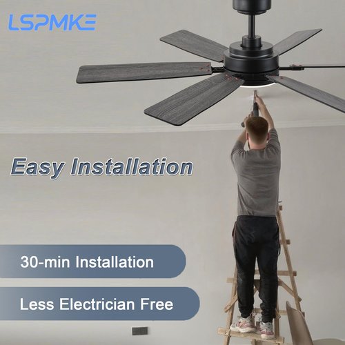 lspmke Ceiling Fan with Light and Remote, 52 Inch Ceiling Fans with Lights, Downrod Mount, Reversible DC Motor, 3CCT, Dimmable, Quiet, Black Ceiling Fan for Bedroom, Livingroom Indoor/Outdoor Use