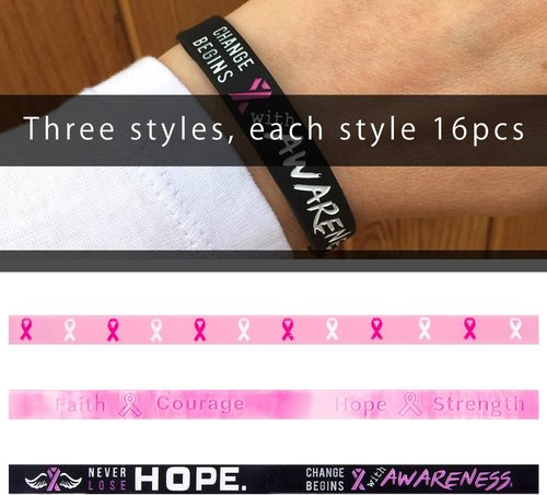 Biubee Breast Cancer Awareness Bracelets - 48Pcs Pink Ribbon Silicone Wristbands for Women Survivor Gifts