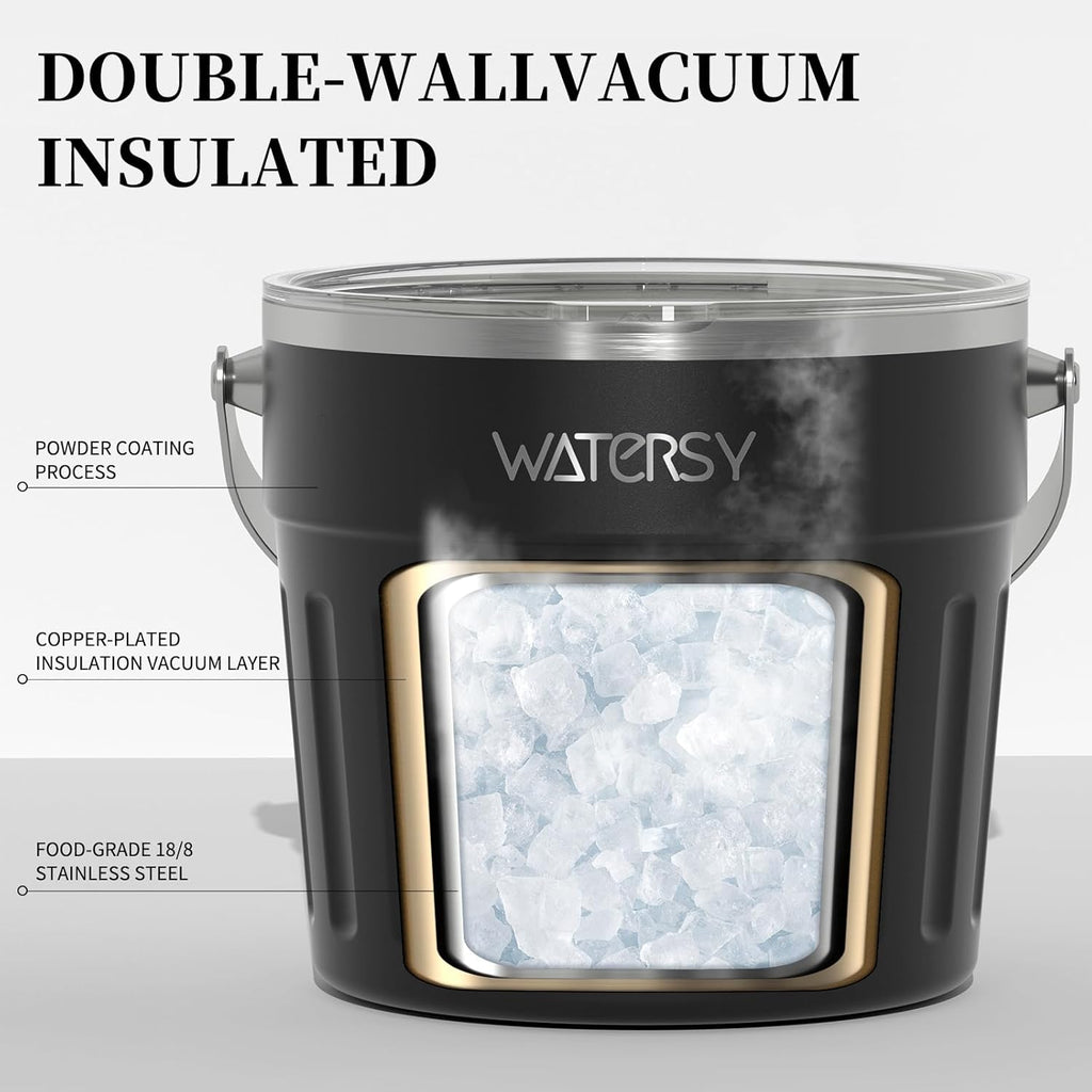 WATERSY Insulated Ice Bucket（8 Quart / 7.6 L） with Lid, Scoop, Ice Tong，Wall Vacuum Stainless Steel, Black