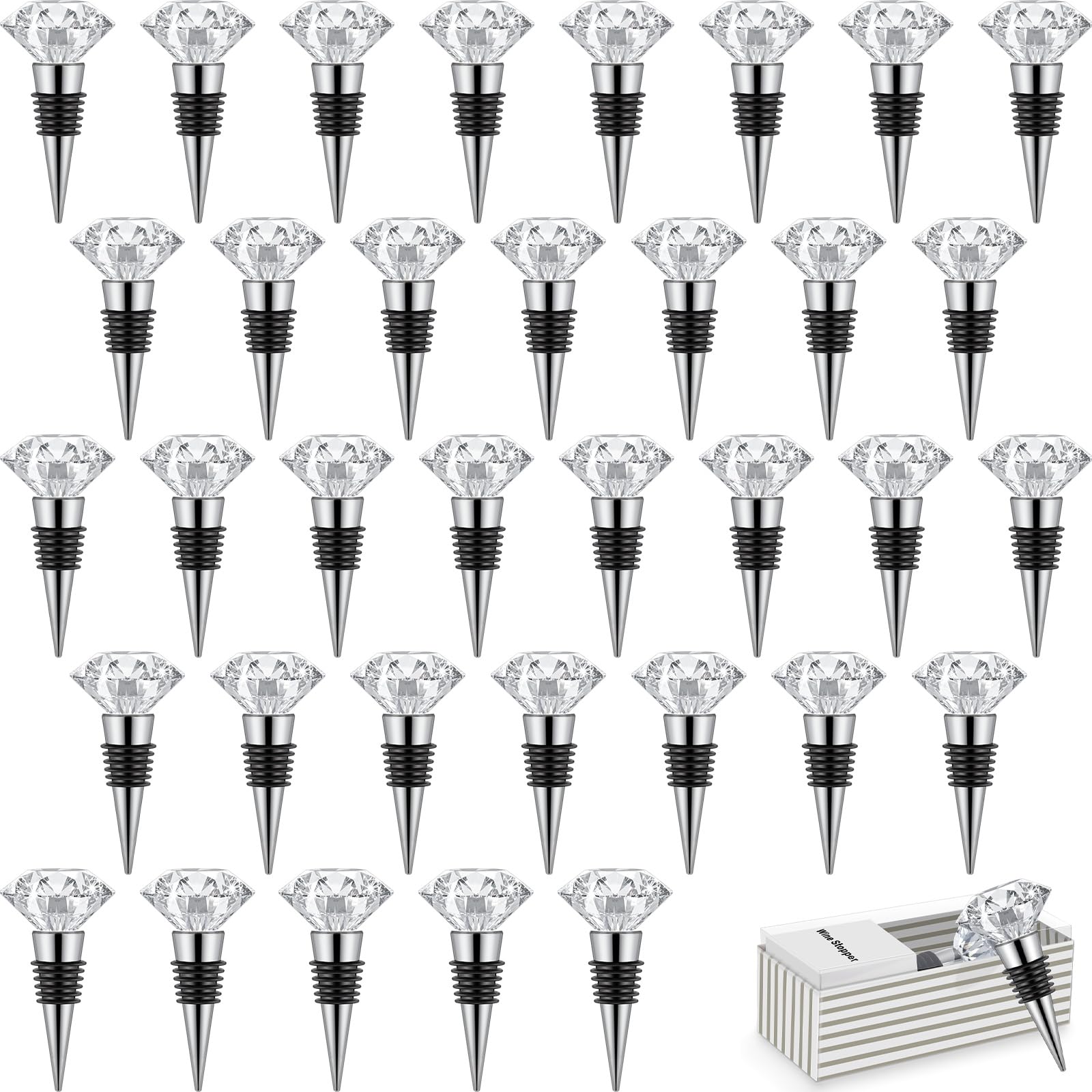 36 Pieces Crystal Wine Bottle Stopper Wine Stoppers Reusable Diamond Plug Beverage Corks Decorative Stopper Kits with Individual Present Box for Parties Wedding