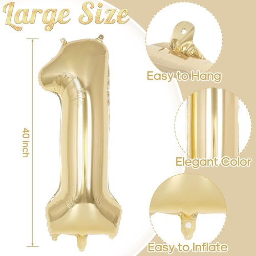 Champagne Gold Large Number 1 Balloon - 40 Inch Light Gold Foil Mylar for 1st Birthday & Anniversary Celebrations