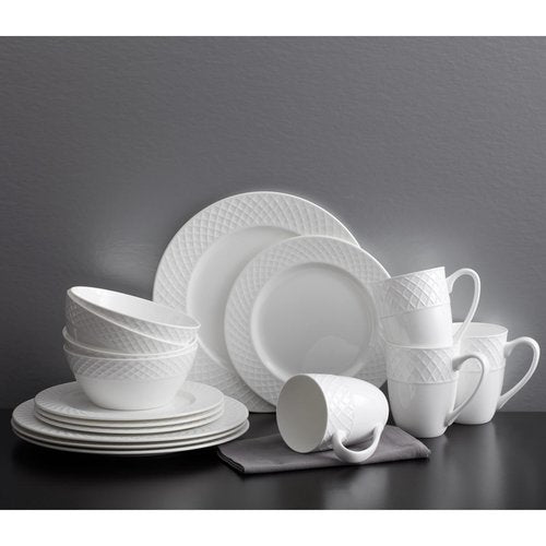 Mikasa Trellis Bone China 16-Piece Dinnerware Set, Service for 4, White Lightweight Porcelain with Textured Design, Chip-Resistant and Dishwasher Safe