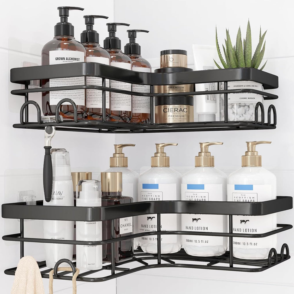 Sakugi Corner Shower Caddy - Rustproof Stainless Steel Organizers with 8 Hooks | No Drilling, Space-Saving, Black, 2 Pack