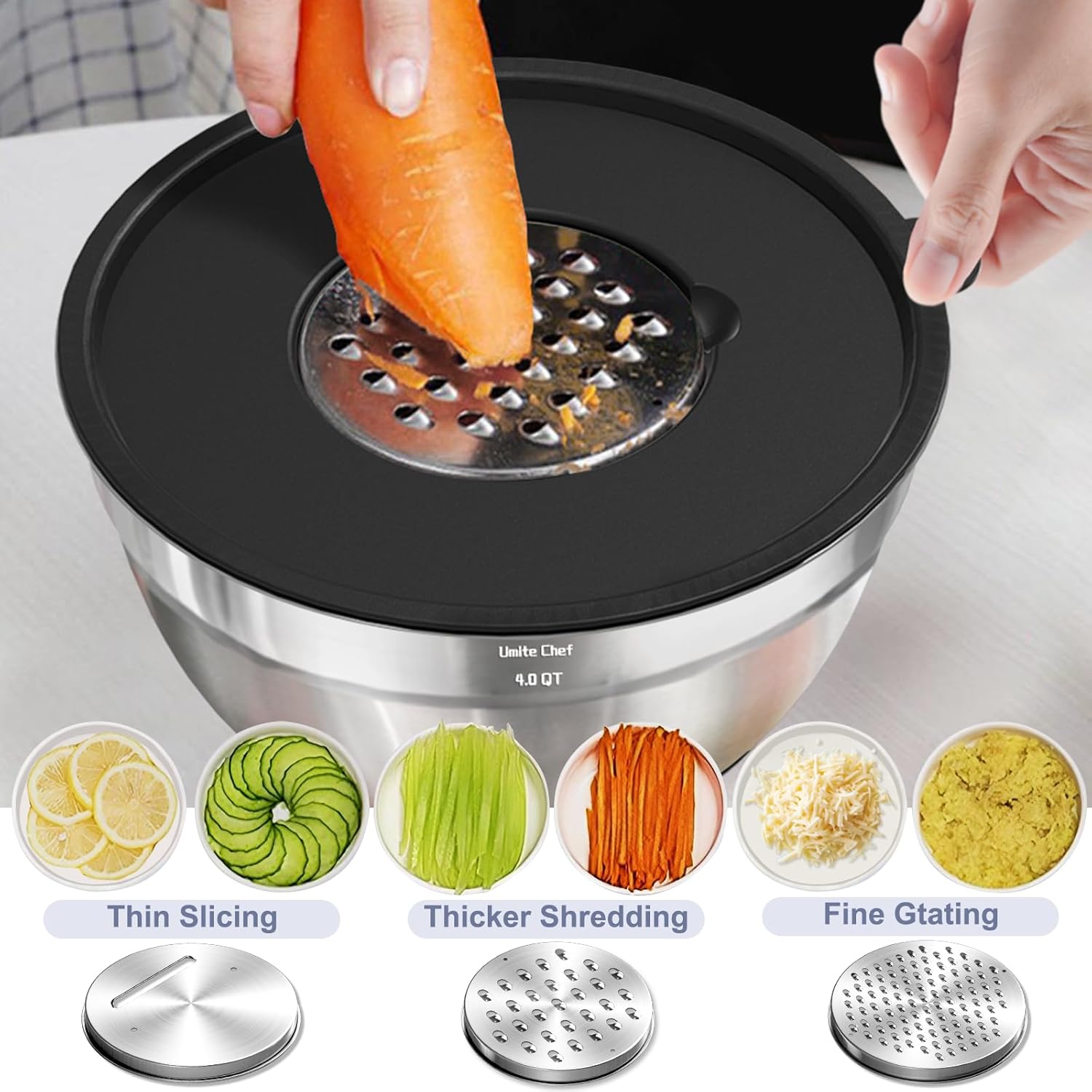 Umite Chef Mixing Bowls - 8PCS Stainless Steel Set with Airtight Lids & Non-Slip Bottoms | Black, 1.5QT to 5QT