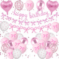 Skiennix Pink Bow Birthday Decorations - Coquette Party Set with Happy Birthday Banner & Heart Foil Balloons