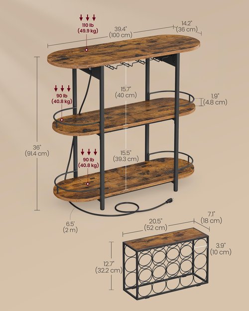 VASAGLE Bar Cabinet with LED Lights and Power Outlets, Freestanding Coffee Bar Wine Cabinet, Wine Rack, Glass Holder, Mini Bar for Liquor and Glasses, Kitchen, Dining Room, Rustic Brown ULWR007K01S