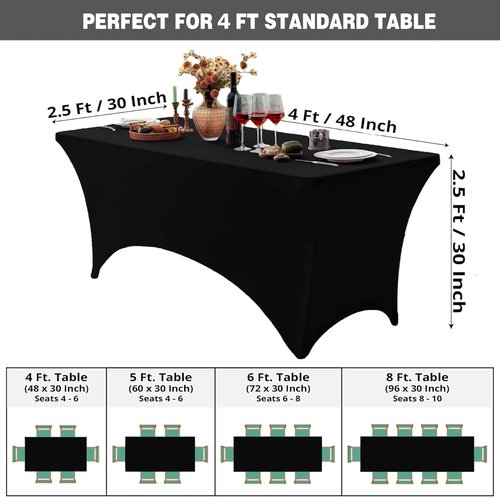 FOLINS&HOME Black 4ft Fitted Rectangle Tablecloth - Water-Resistant Spandex Cover for Events