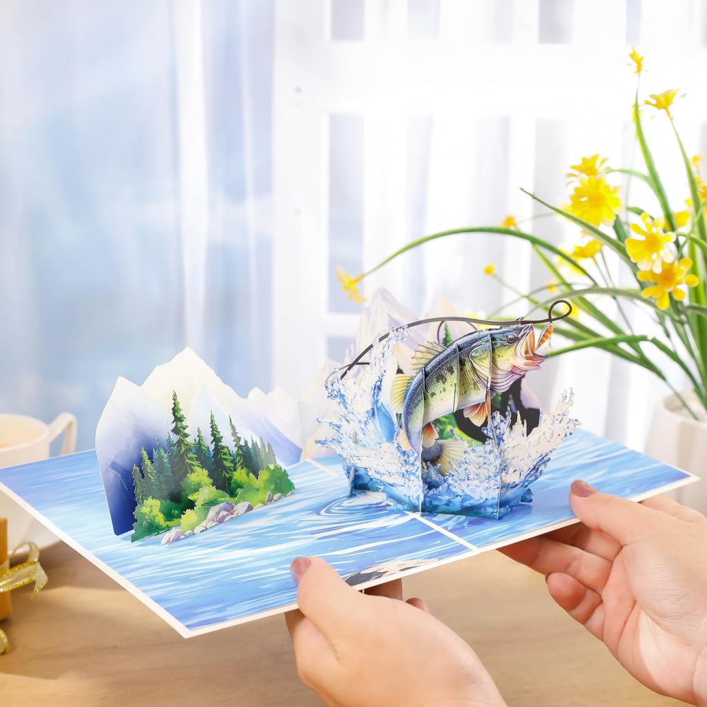 Pop Up Birthday Card Fishing, 3D Bass Fishing Popup Card For Husband, Dad, Men, Husband, Son, Brother, Grandpa, Fisherman Gift; All-Occasion Father's Day, Birthday, Outdoor, Thank You, Retirement