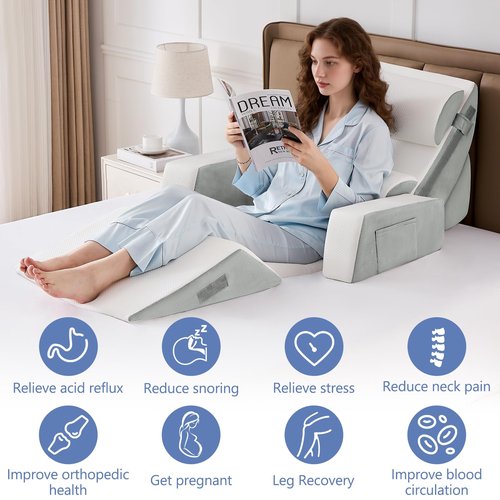 Paxato 9PCS Wedge Pillow Set for After Surgery Recovery, Adjustable Memory Foam Neck Pillow, Foam Leg Pillow, Relieves Neck, Leg Pain, Sleep Apnea, and Functions as a Reading Pillow, Gray