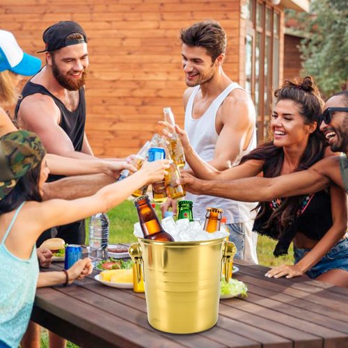 4 Pcs Stainless Steel Champagne Bucket, 3 Qt Double Wall Ice Bucket with Handles, Metal Wine Chiller for Champagne, Beer, Cocktails, Home Bar, Party Beverage Cooler (Gold)
