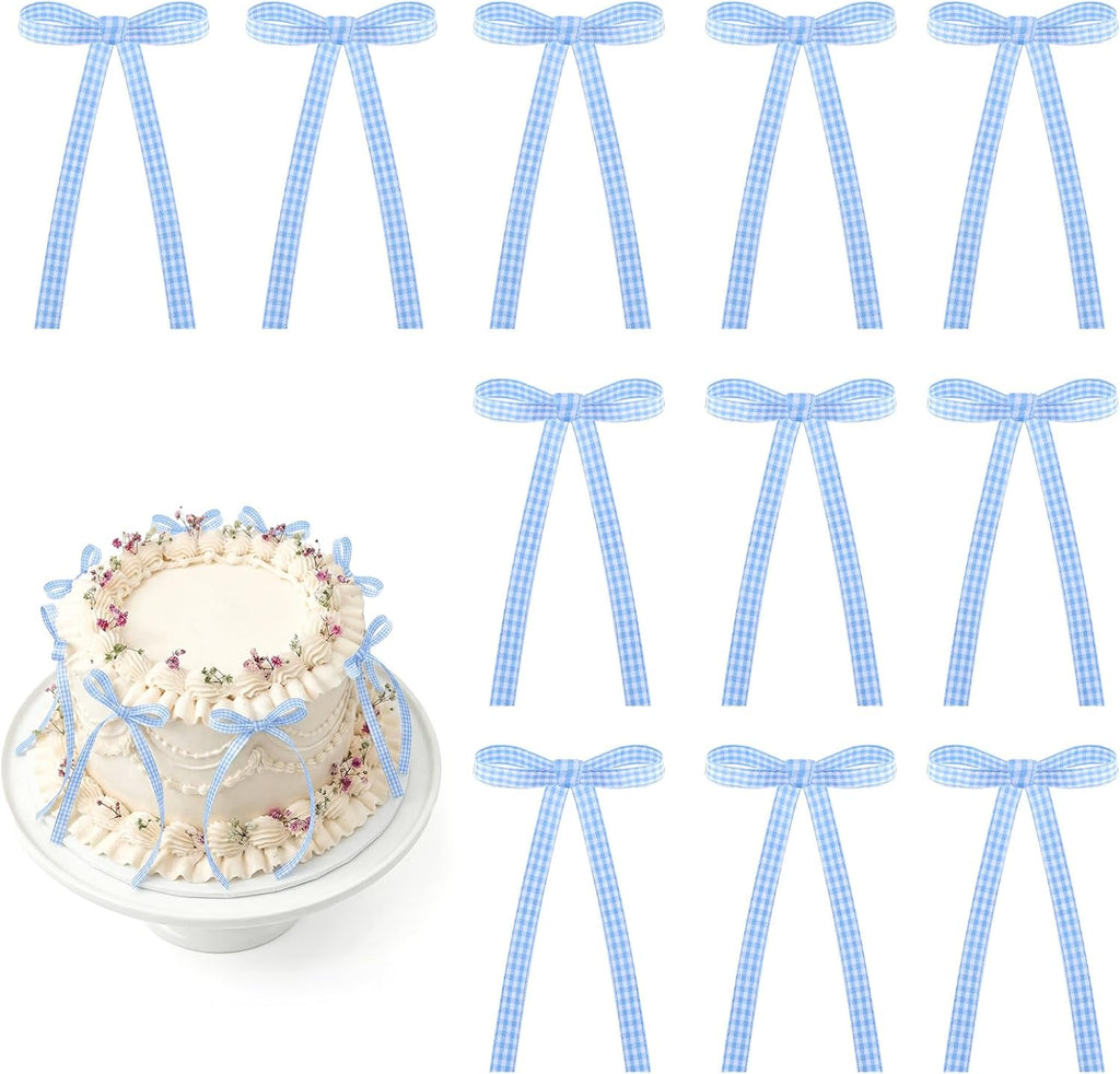 Skiennix 30 Pack Bow Cake Toppers - Blue Gingham Ribbons for Birthdays & Baby Showers