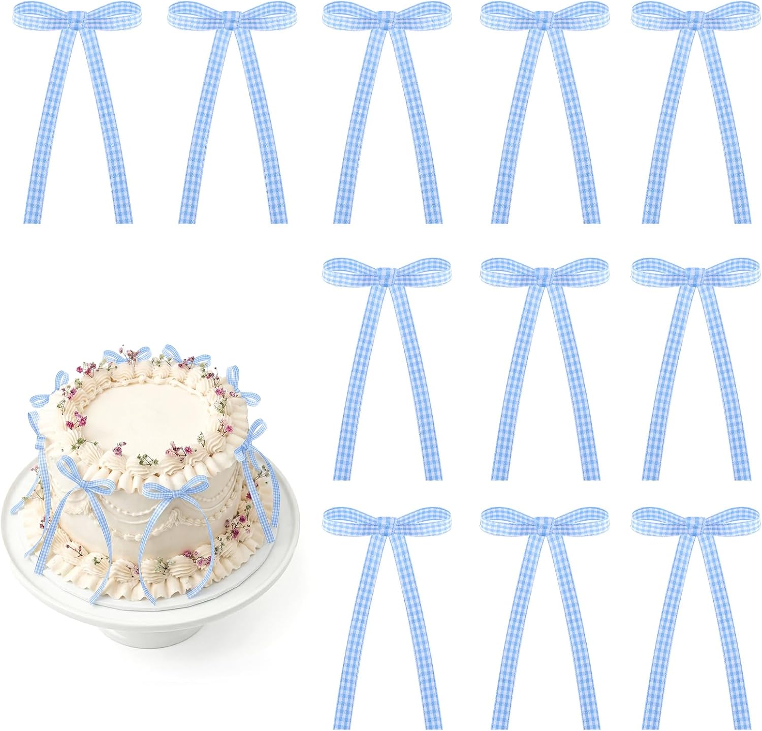 Skiennix 30 Pack Bow Cake Toppers - Blue Gingham Ribbons for Birthdays & Baby Showers