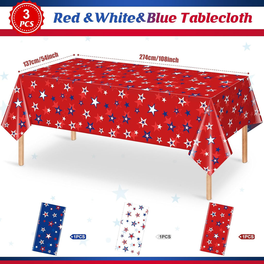 Patriotic Tablecloth by American Pride - 3 Pack Disposable Red, White & Blue Rectangle Covers | 54x108 Inch