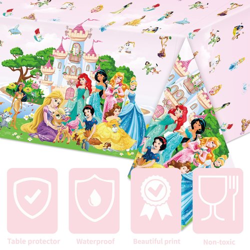 SNABETNA Princess Birthday Party Decorations Tablecloth,2pcs 108x54inch Large Pink Princess Table Cloth, Disposable Rectangular Plastic Waterproof Table Cover for Birthday Party