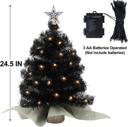 Juegoal 24-Inch Black Mini Christmas Tree - Lighted Tabletop Pine with 50 LED Lights & Timer for Holiday Decor