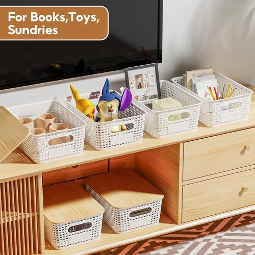 8 Pack Plastic Storage Bins by [Brand Name] - Stackable Baskets with Bamboo Lids for Organized Pantry & Office