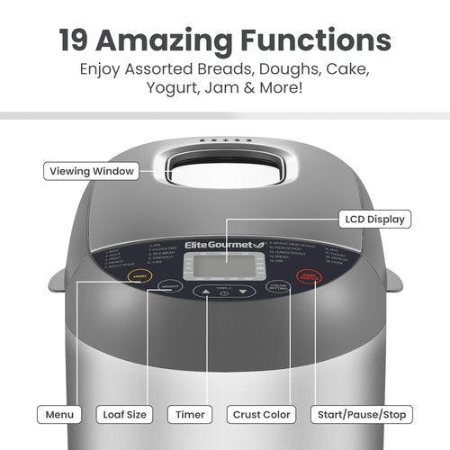 Elite Gourmet EBM8103SS Programmable Bread Maker Machine, 3 Loaf Sizes, 19 Menu Functions Gluten Free White Wheat Rye French and more, 2 Lb, Stainless Steel