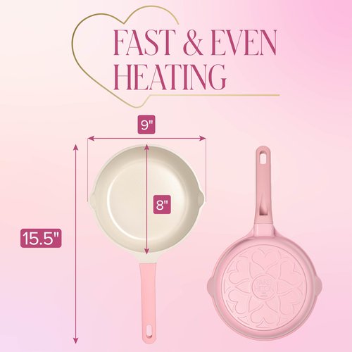 Paris Hilton Ceramic Cast Aluminum Nonstick Fry Pan, Fast & Even Heating with Easy Pour Spouts & Comfort-Grip Handle, 8-Inch, Pink
