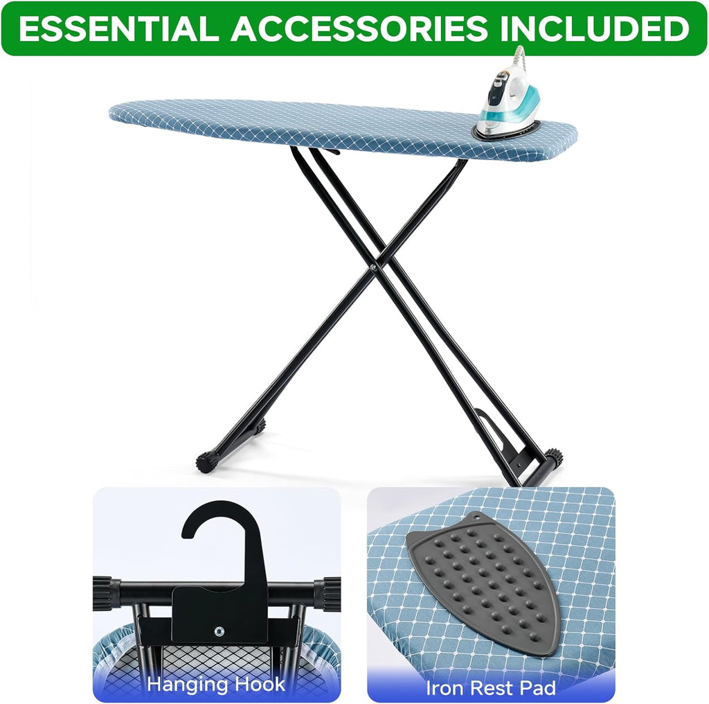 BKTD Compact Ironing Board - Adjustable Height, Heat Resistant Surface | Space-Saving Design, 13 x 43 Inches, Diagonal Checkered Blue
