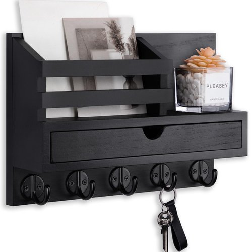 Lucundm Key Holder Wall Mount, Mail Holder with Storage Drawer and 5 Key Hooks for Coat, Dog Leash, Home Decor Rack, House Accessories, Entry Way Organizer