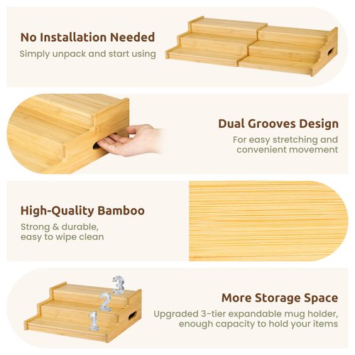 FIMOFIDRE 3-Tier Expandable Bamboo Mug Holder for Countertop Coffee Cup Holder Display Mug Organizer Mug Rack for Coffee Bar Organizer Mug Shelf for Cabinet for Kitchen, Home, No Assembly
