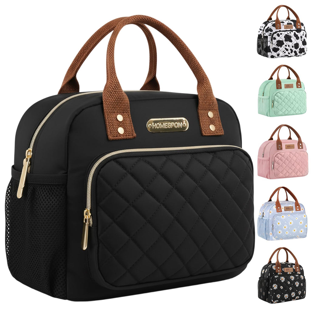 HOMESPON Lunch Bag for Woman Man Adults with Front Pocket Insulated Lunch Tote with Side Pockets Lunch Box Container for Work Picnic or Travel (Black Golden)