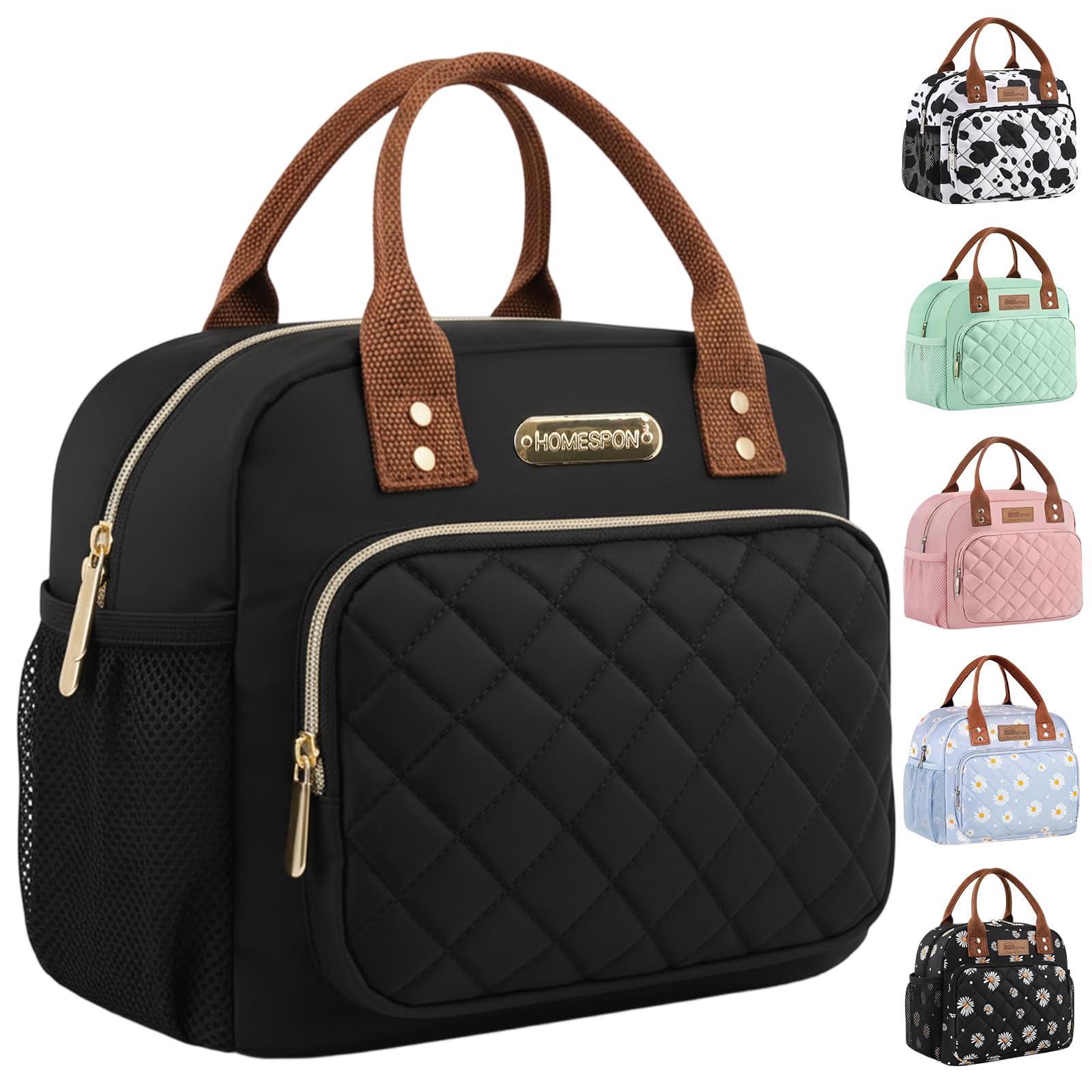 HOMESPON Lunch Bag for Woman Man Adults with Front Pocket Insulated Lunch Tote with Side Pockets Lunch Box Container for Work Picnic or Travel (Black Golden)