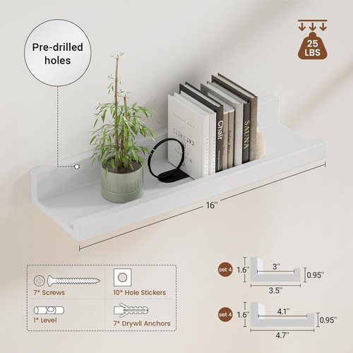 Heimlove 16-Inch Picture Ledge Shelf Set of 8 - White Floating Wall Shelves for Living Room & Nursery