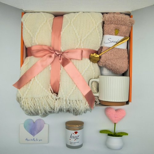 Birthday Gift Basket for women, valentine's day gifts 8 Pcs Get Well Soon Gifts Box After Surgery, Sympathy Self Mother'S Day Care Package, Cozy Off white Hug Blankets Gift for Sick Friends-Pink