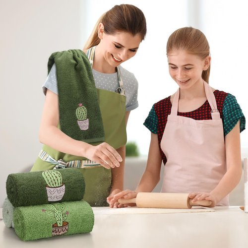 FuWeave 3 Pcs Green Cactus Summer Hand Towels for Bathroom 100% Cotton 29.5 x 13.8'' Embroidered Decorative Absorbent Soft Bath Hand Towels for Bathroom Kitchen Gift Decor